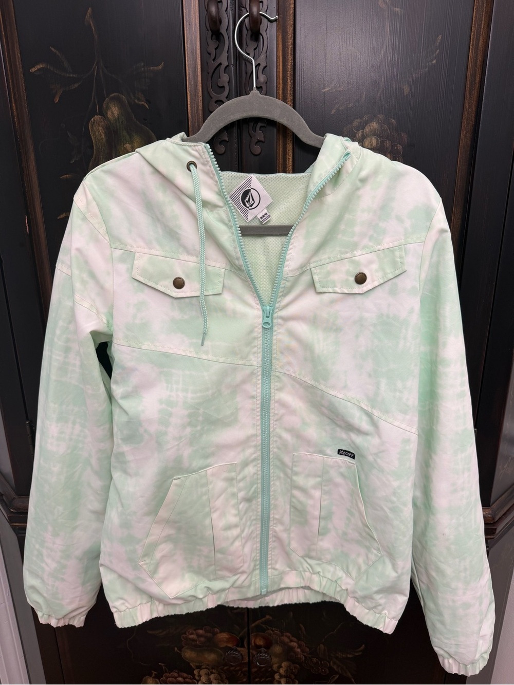 Volcom Enemy Lines Hooded Windbreaker Size M/12 Green Tie Dye Zip Jacket